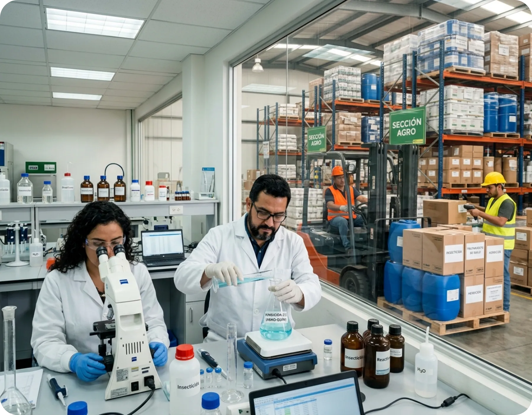 Investigadores de Agrow trabajando con equipos de análisis en el laboratorio