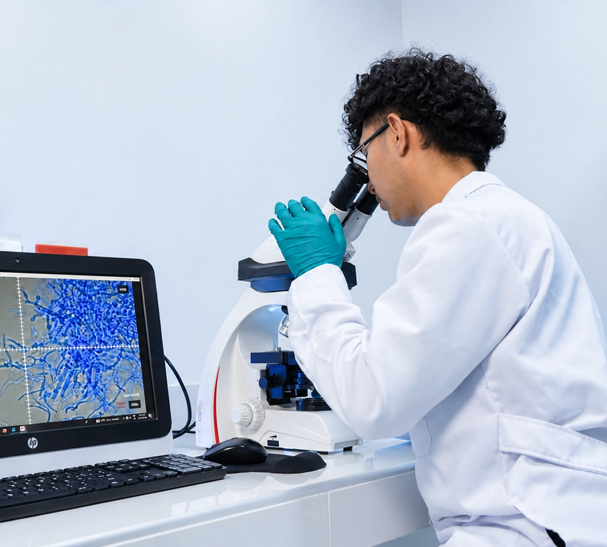 Investigador de Agrow observando una muestra al microscopio con la imagen ampliada en un monitor