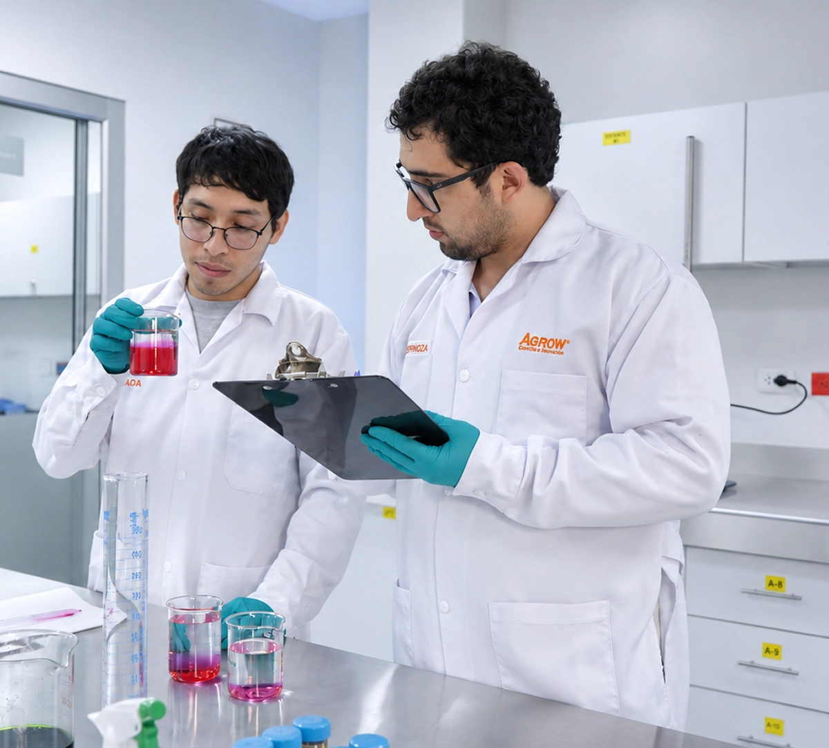 Investigadores de Agrow analizando una muestra líquida en el laboratorio de I+D+i